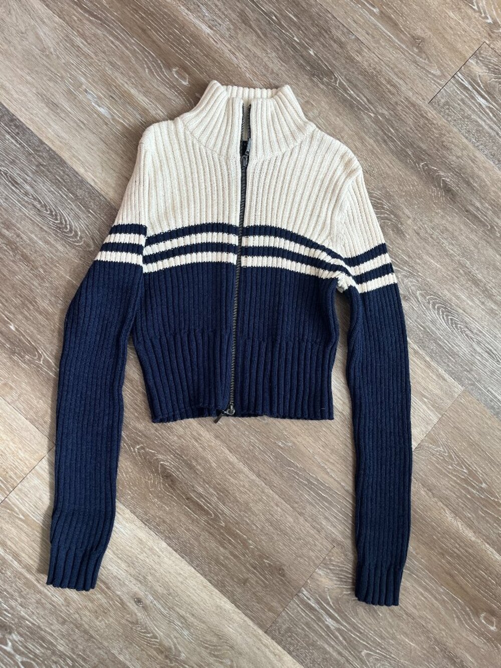 Navy and White Collegiate Stripe Zip Up High Neck Ribbed Knit Fitted Top